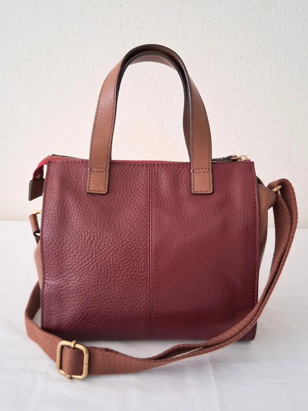Fossil Women’s Leather Satchel Handbag in Burgundy, Red & Brown